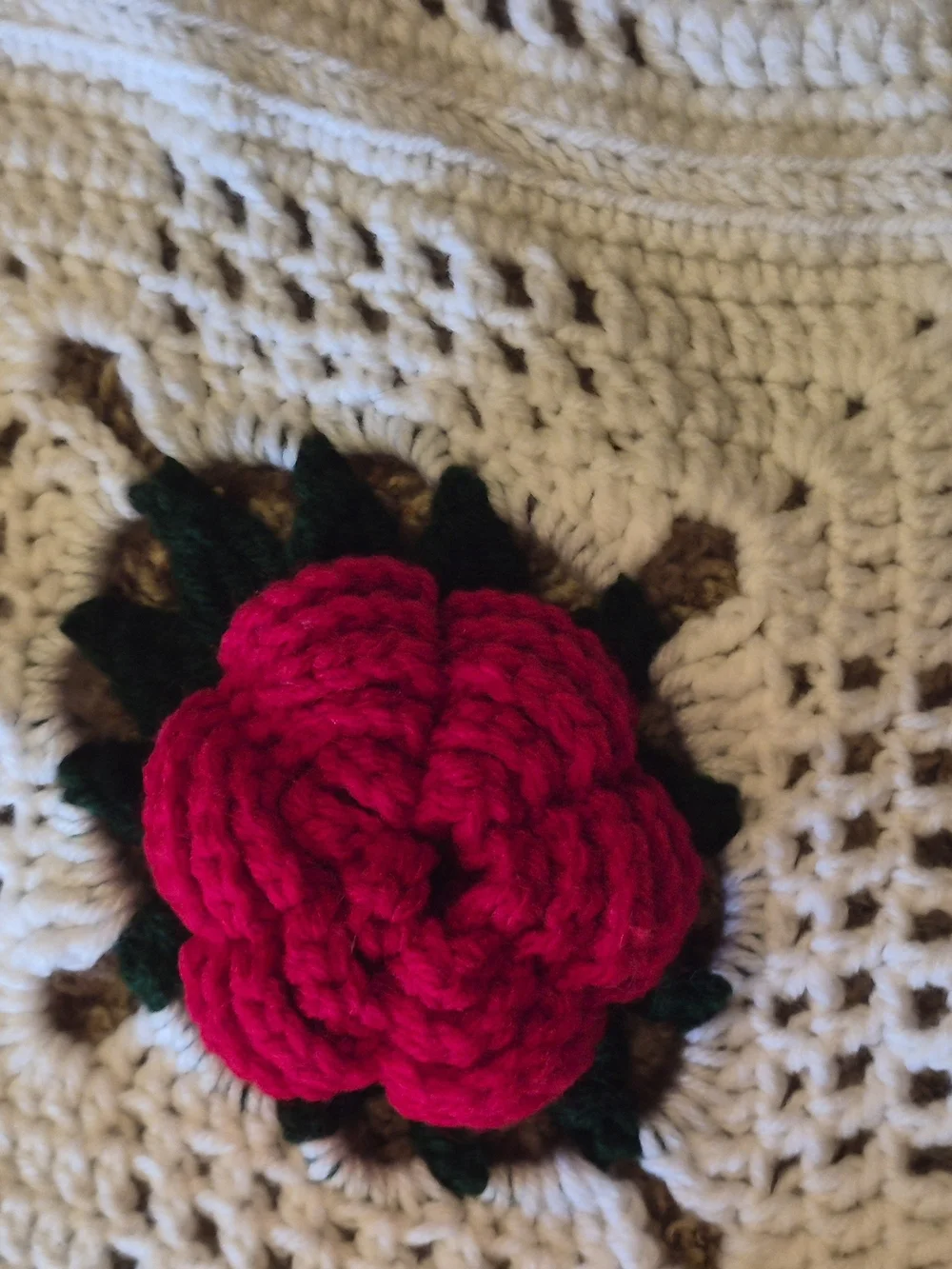Vintage 70s 3D Red Rose Granny Square Crochet Afghan Blanket - 63